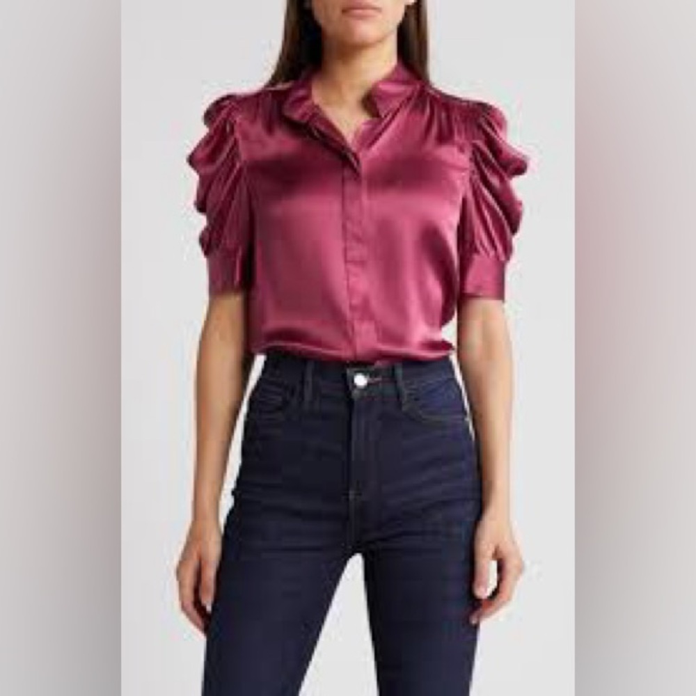 Frame Gilian Dragon Fruit Button Up Puff Sleeve 100% Silk‎ NWOT Small Petite